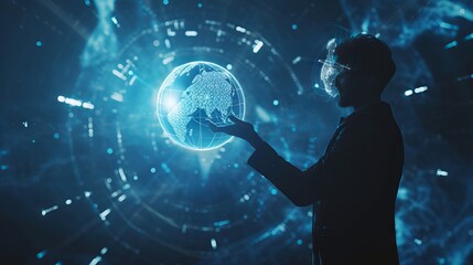 Businessman showcasing futuristic metaverse technology with digital innovation graphics, highlighting advancements in virtual business processing and modern technology trends