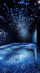 A serene art installation featuring suspended blue elements and reflective surfaces.