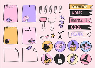 Cute girly journal stickers with trendy lettering and characters for daily and weekly planning.