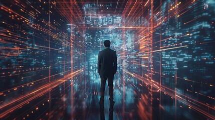 Businessman showcasing futuristic metaverse technology with digital innovation graphics, highlighting advancements in virtual business processing and modern technology trends