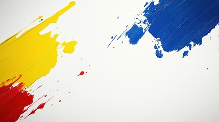 Abstract design featuring bold yellow, red, and blue paint strokes on a white background.