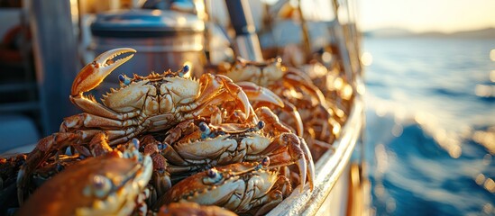 Freshly caught crabs piled on a boat deck, glistening in the afternoon sunlight.