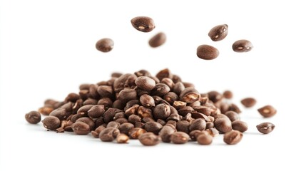 A pile of brown seeds with some airborne, showcasing their natural texture and color.