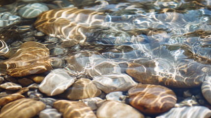 Close-up of clear river water gently rippling over smooth pebbles