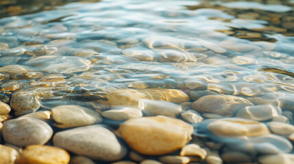 Close-up of clear river water gently rippling over smooth pebbles