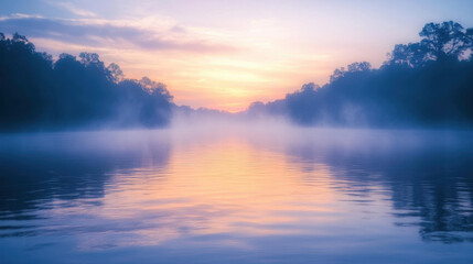 Obraz premium Majestic river with fog rolling over the surface at dawn