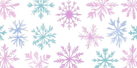 Seamless pattern of hand-drawn, pastel-colored snowflakes on a white background