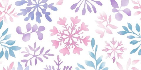 Fototapeta premium Seamless pattern of hand-drawn, pastel-colored snowflakes on a white background