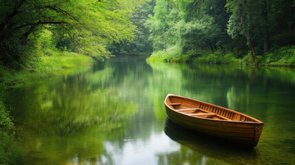 Scenic view of a tranquil river with a small wooden boat floating gently