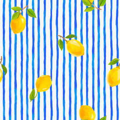 Beautiful vector fresh summer design with watercolor yellow lemon fruits and blue stripes on the background. Stock illustration. Ready print for textile. Seamless pattern.