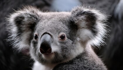 Fototapeta premium Close-up Portrait of a Koala Bear with Fluffy Ears and Soft Grey Fur Gazing Into the Camera Against a Blurred Natural Background