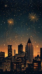 Beautiful skyscrapers with fireworks illuminating dark night sky,cityscape,Firework celebrate anniversary happy new year,Countdown,bye this year and hello next year,copy space.