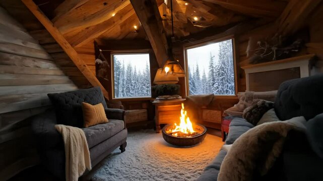Cozy cabin interior with a crackling fireplace, rustic furniture, warm blankets, and snow falling outside