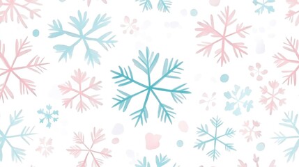 Seamless pattern of hand-drawn, pastel-colored snowflakes on a white background