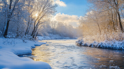 River flowing through a serene winter landscape with snow-covered banks