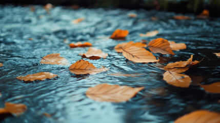 Close-up of river water with floating autumn leaves drifting downstream