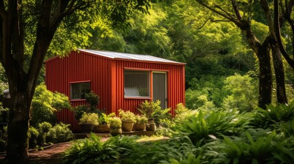 trees red corrugated metal
