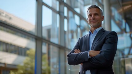 Confident and happy businessman standing with crossed arms, smiling directly at the camera in a modern professional office environment, demonstrating leadership and success