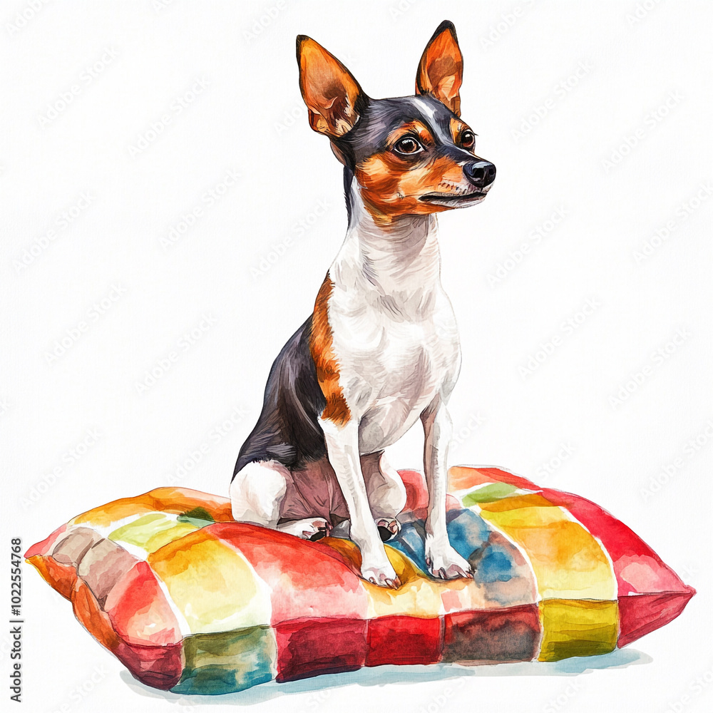 Sticker Toy Fox Terrier Dog Sitting On A Colorful Cushion in a Cozy Home Setting