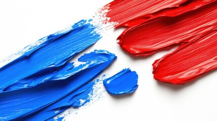 Abstract paint strokes in red and blue on a white background.