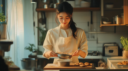 Young Asian woman baking cookies in a bright, modern kitchen filled with natural light during the afternoon hours