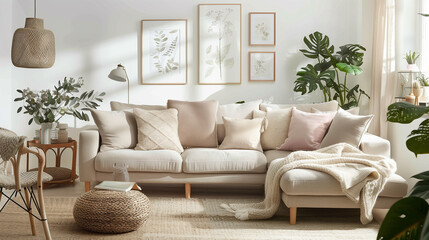 interior design concept. Bright and airy living room with a mix of neutral and pastel tones, featuring a cozy corner sofa, soft textiles, and botanical accents.