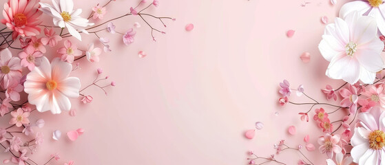 A delicate border of pink blossoms and white flowers against a pastel background, ideal for wedding invitations or springtime designs.
