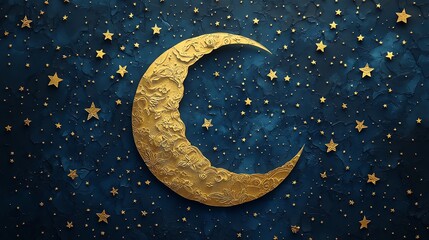 Naklejka premium Detailed paper cut crescent moon surrounded by delicate stars, creating a serene and calming night scene, paper cut moon, delicate celestial art