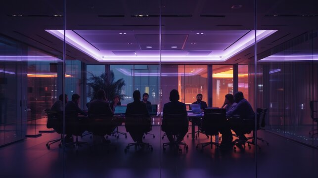 Business team engaged in a virtual video conference call, discussing project strategy and collaborating remotely in a modern office setting