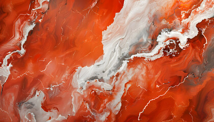 An abstract art piece featuring swirling patterns in vibrant red, white, and gray, creating a dynamic and energetic composition.