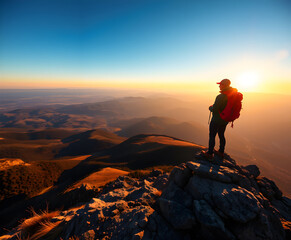 Fototapeta premium Man Standing on Mountain Peak at Sunset.