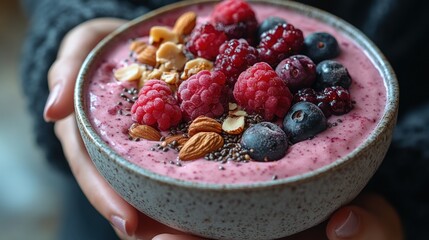 A colorful smoothie bowl topped with fresh fruits and nuts.