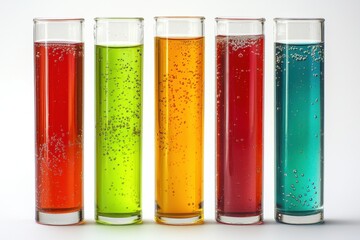 Five test tubes filled with colorful carbonated liquids, showcasing a vibrant display of bubbles and hues.
