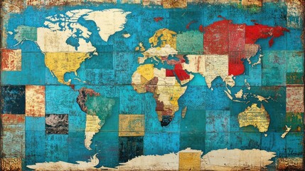 Fototapeta premium A vintage-style world map with colorful, textured tiles representing various countries.