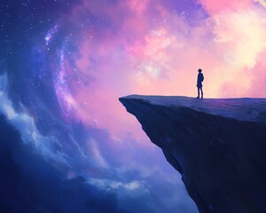 Silhouette of a person standing on a cliff overlooking a colorful sky.