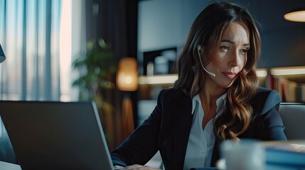 Professional businesswoman conducting a video conference on a laptop in a modern office environment