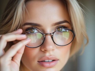 Close-up portrait of a woman wearing eyeglasses, focusing on eye health, style, and vision correction
