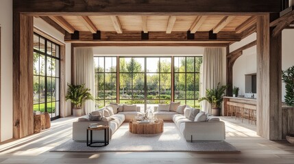 An open-concept living room with exposed wooden beams, large windows overlooking a garden, and cozy seating arrangements in a European countryside home.
