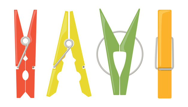 Set of colored clothespins in cartoon style. Vector illustration of cute clothespins: green,red,yellow,blue,orange isolated on white background. Clamps for household use. Accessories for the bathroom.