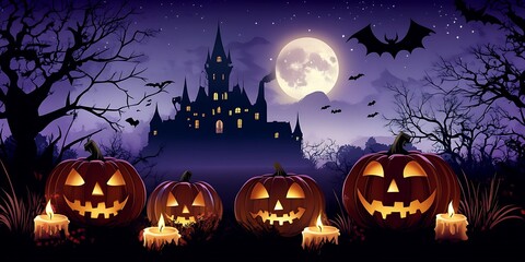 Halloween fantasy illustration of haunted house with purple themed sky, bats, Halloween pumpkins and dried trees of an scary and spooky forest under full moon