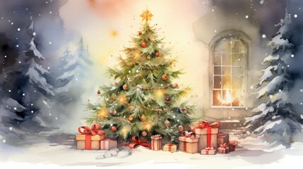 snowflakes water color christmas tree