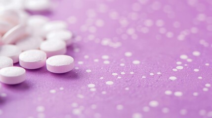 White pills are scattered across a textured purple surface, showcasing their round shapes against a vibrant backdrop