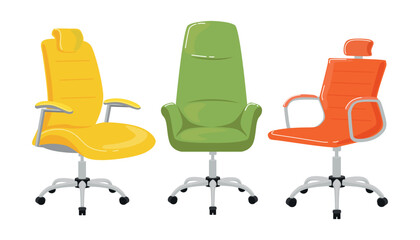 Obraz premium Set of colorful,modern office chairs in the style of a cartoon.Vector illustration of beautiful and comfortable office chairs with soft seats,on wheels: blue,red,green,isolated on a white background.