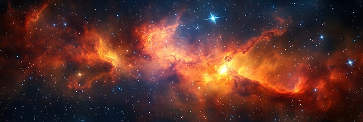 Fototapeta premium Colorful illustration of endless galaxy space with blazing fire form of light over the space background, starry space with nebulas and astronomical landscape fantasy view