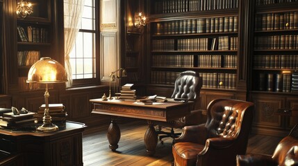 A vintage law office filled with leather-bound books, warm light casting soft shadows, inviting contemplation and legal reflection
