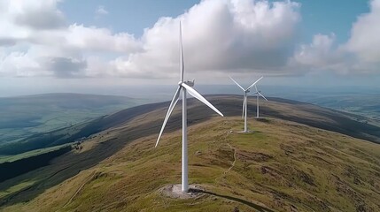 Aerial Perspective of Vast Wind Farm with Spinning Turbines in Rural Landscape, Sustainable Renewable Energy Concept