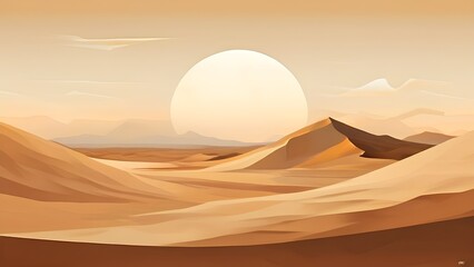 abstract desert scene with triangular sand dunes and a single circular sun, using sharp lines and subtle gradients in neutral earth tones