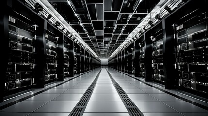 Obraz premium panoramic black and white data center