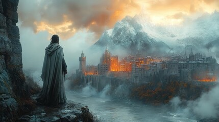 A cloaked figure gazes at a fiery, mountainous medieval landscape.