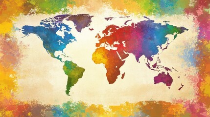 A colorful world map illustration with a vibrant, artistic background.